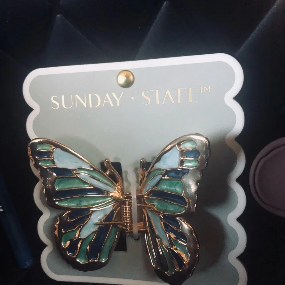 Sunday State Green & Blue Enamel Butterfly Hair Clip